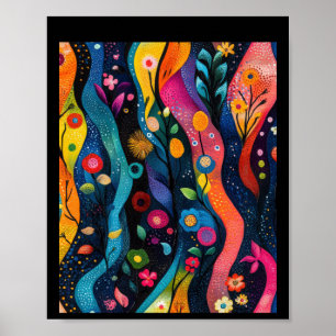 Poster Ondas Abstratas Coloridas Com Flores E Plantas. S