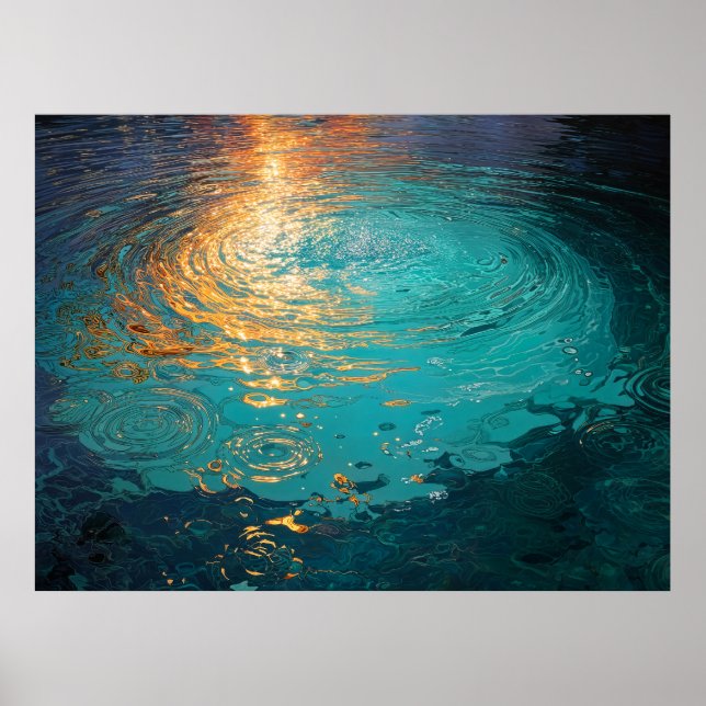 Poster Ondas Abstratas de Água com Luz Solar Dourada (Frente)