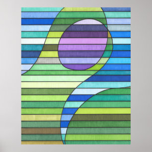 Poster Ondas Abstrato verdes e círculo púrpura em tiras