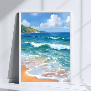 Poster Ondas Azuis Costeiras Pintura em Aquarela Oceano