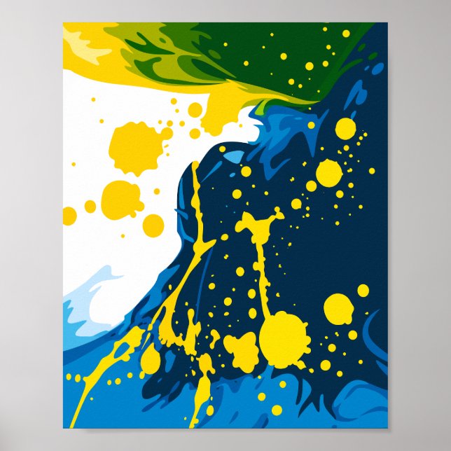 Poster Ondas Azuis Fluindo com Salpicos de Tinta Amarela (Frente)
