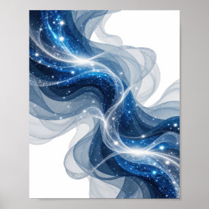 Poster Ondas Azuis Prateadas da Moda e Estrelas Arte de T