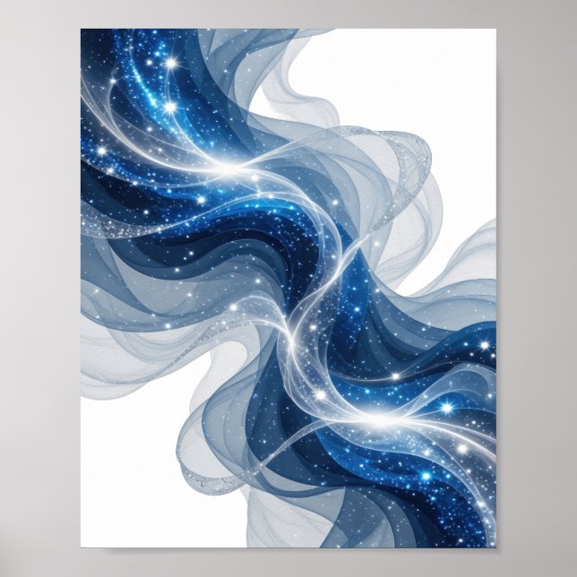 Poster Ondas Azuis Prateadas da Moda e Estrelas Arte de T (Frente)