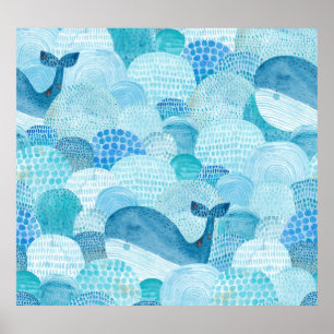 Poster Ondas, baleia, textura azul infantil