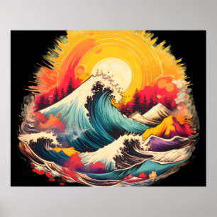 Poster Ondas Caindo Sob o Pôr do Sol Dourado Arte de Pare