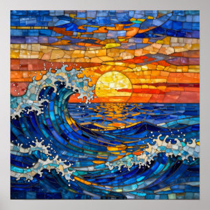 Poster Ondas Costeiras do Oceano ao Pôr do Sol