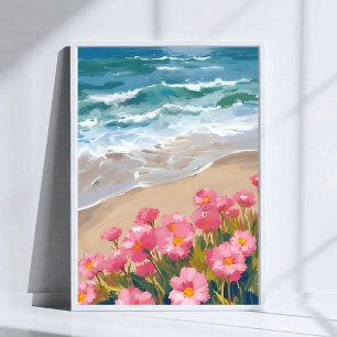 Poster Ondas da Praia Aquarela Pintura Floral Rosa da Cos