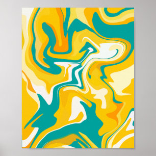 Poster Ondas de Abstrato vibrantes em amarelo e turquesa