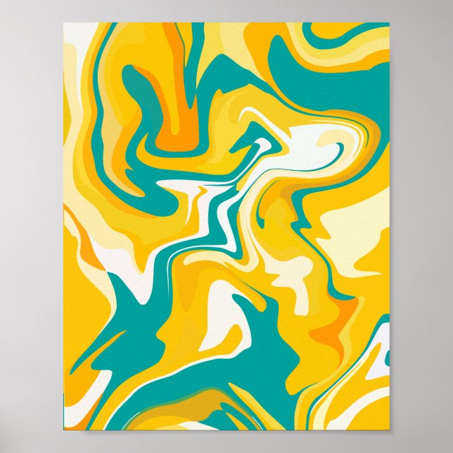 Poster Ondas de Abstrato vibrantes em amarelo e turquesa (Frente)
