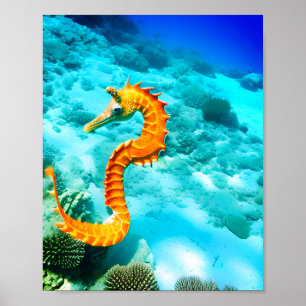 Poster Ondas de água do oceano azul cavalo-marinho laranj