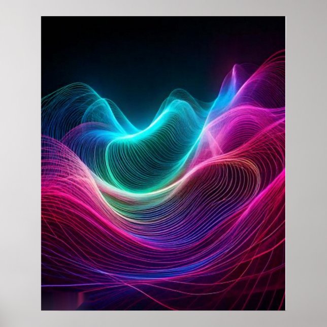 Poster Ondas de Neon em Arte Digital Abstrata Escura (Frente)