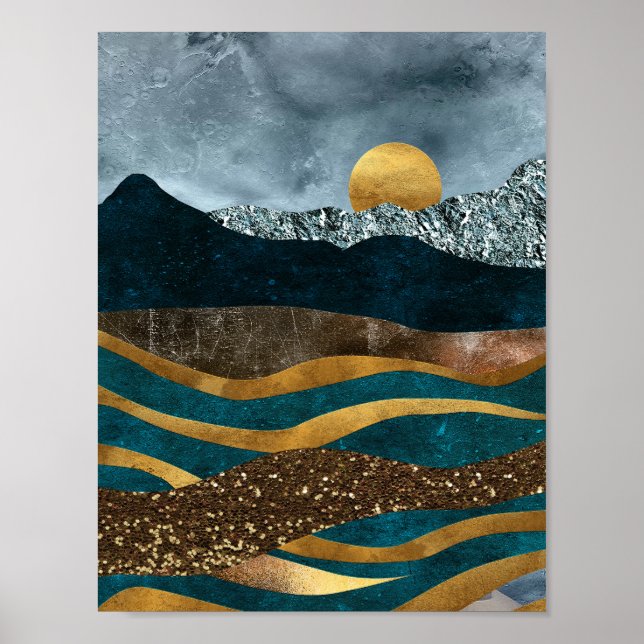 Poster Ondas De ouro Sob Montanhas Ligadas À Lua (Frente)