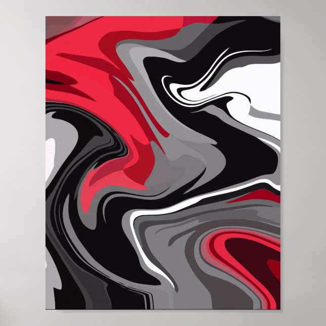 Poster Ondas dinâmicas de Abstrato vermelho, preto, branc (Frente)