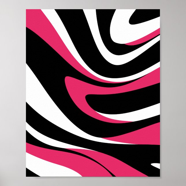 Poster Ondas Dinâmicas Rosa, Preta e Branca (Frente)