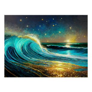 Pôster Ondas Divergentes Brilhantes do Oceano
