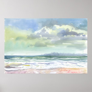 Poster Ondas do Mar de Verão e Céu Nublado Aquarela