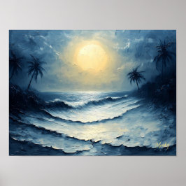 Poster Ondas do Oceano ao Luar – Paisagem Marítima Abstra
