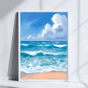 Poster Ondas do Oceano Azul Aquarela do Mar da Praia
