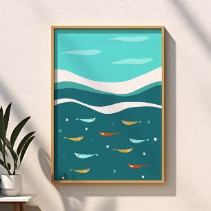 Poster Ondas do Oceano de Verão Retro Moderno de Meados d