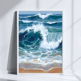 Poster Ondas do Oceano em Fúria | Aquarela Azul Costeira