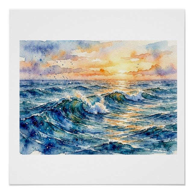 Pôster Ondas do Oceano Iluminadas pelo Sol,  (Frente)