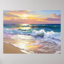 Ondas do Oceano na Praia ao Sol Arte