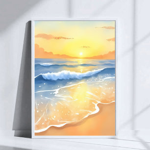 Poster Ondas do Oceano Pôr do Sol Aquarela de Praia