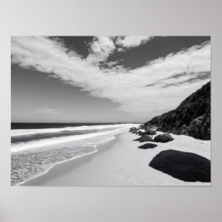 Poster Ondas do Oceano Rochoso Preto e Branco Paisagem Ma