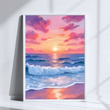 Ondas do Oceano Rosa Pôr do Sol Aquarela
