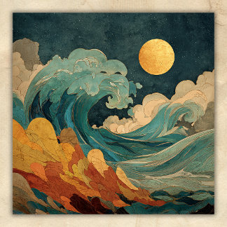 Poster Ondas do Oceano sob a Lua Cheia – Praia Costeira A