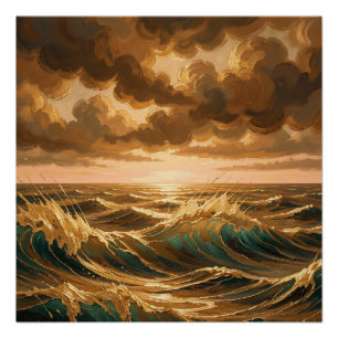 Pôster Ondas Dramáticas do Oceano Tempestuoso Dourado