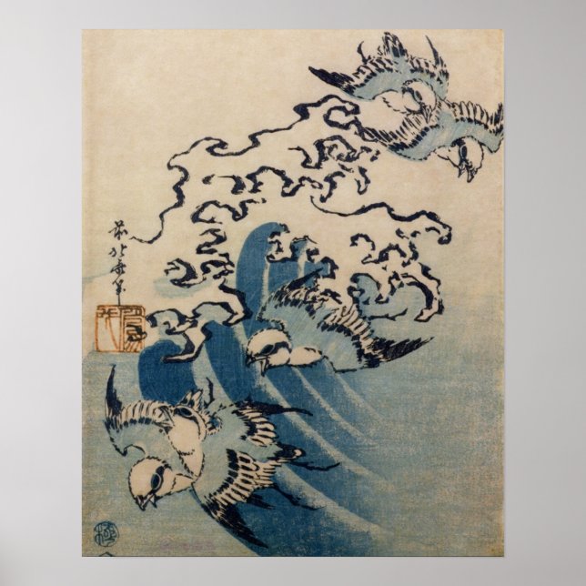 Pôster Ondas e aves, c.1825 (impressão de bloco de madeir (Frente)