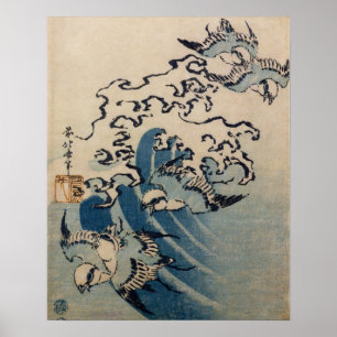 Pôster Ondas e pássaros, c.1825 (impressão do woodblock
