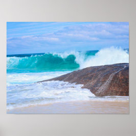Poster Ondas Enormes Dramáticas na Costa Rocha Oceano Azu