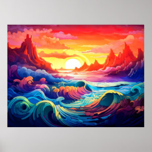 Poster Ondas épicas pôr do sol oceano 5