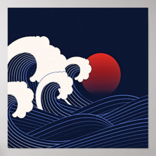 Poster Ondas Japonesas Azuis de marinho com Desenho de Lu