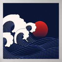 Ondas marinho Azul Japonesas com Desenho de Lua Ve