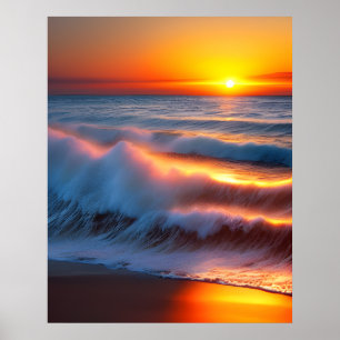 Poster Ondas no oceano com pôr do sol
