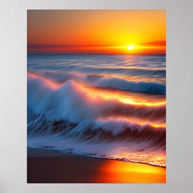 Poster Ondas no oceano com pôr do sol (Frente)