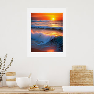 Poster Ondas no oceano com pôr do sol