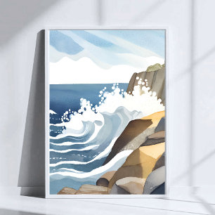 Poster Ondas Quebrando   Aquarela de Costa Rochosa