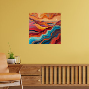 Poster Ondas Sunset - Paisagem Abstrato viva quente Pai