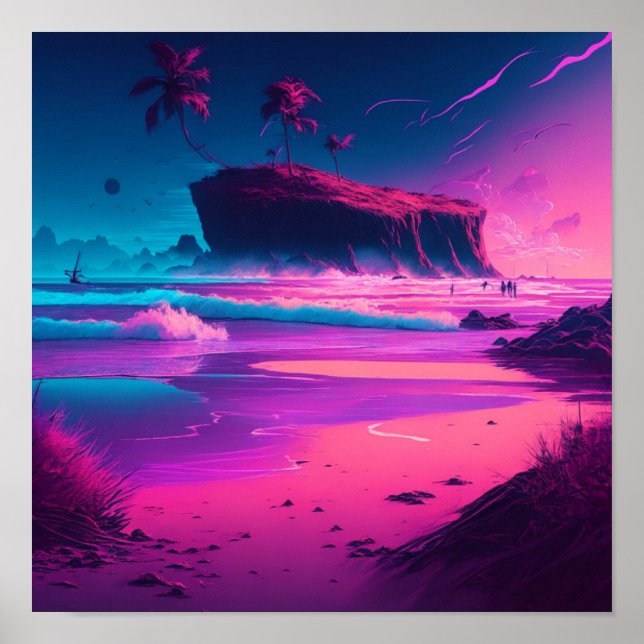 Poster Ondas Tropicais Rosa e Roxo e Palmeiras (Frente)