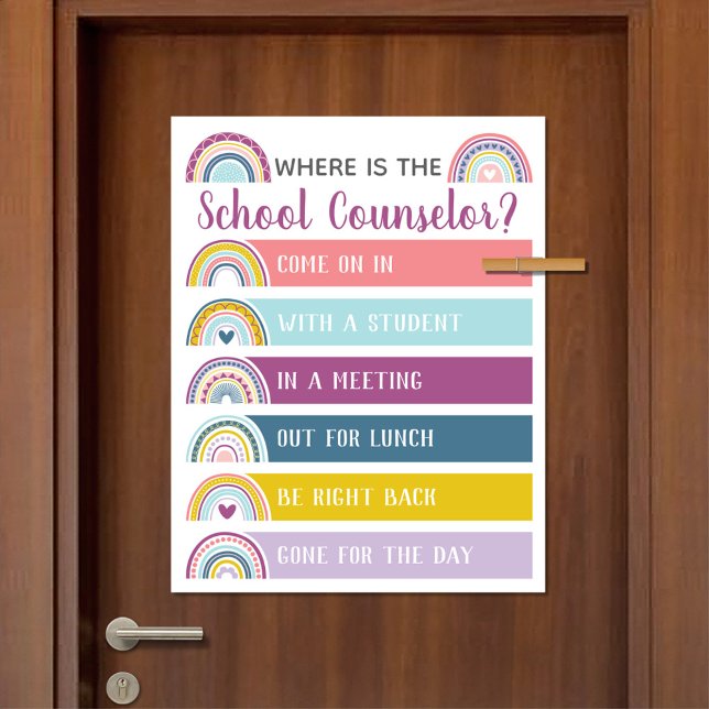 Poster Onde está o Conselheiro do Escritório Assinar a Po (Where Is The School Counselor Office Door Sign in Boho Rainbow Design)