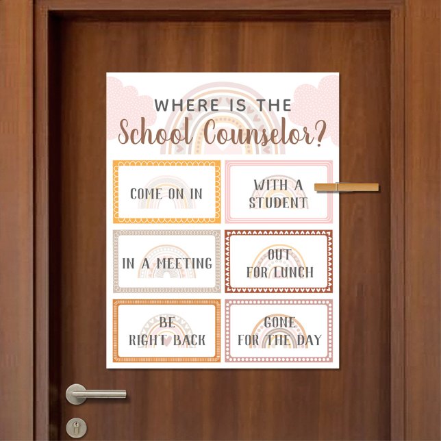 Poster Onde está o Conselheiro do Escritório Assinar a Po (Where Is The School Counselor Office Door Sign in Boho Rainbow Design)