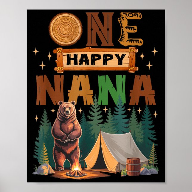Poster One Happy Nana Camper 1st Birthday Camng Bear  (Frente)
