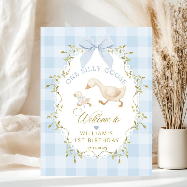 Poster One Silly Goose Blue Gingham Birthday Welcome (Criador carregado)