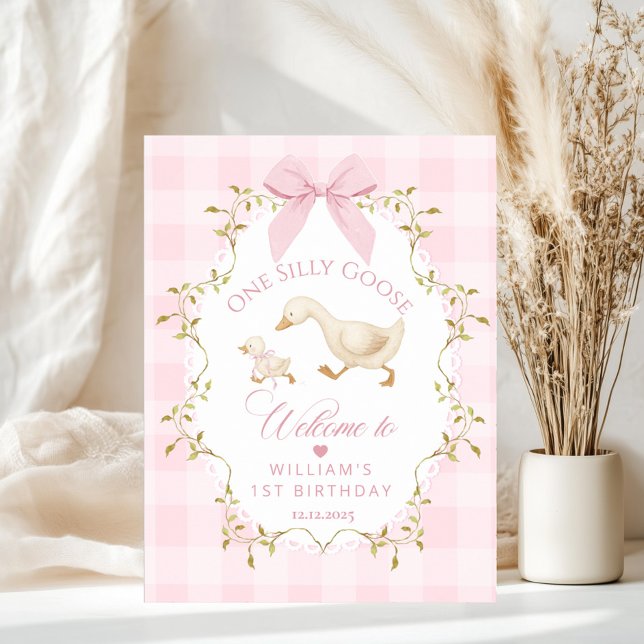 Poster One Silly Goose Pink Gingham 1st Birthday Welcome (Criador carregado)