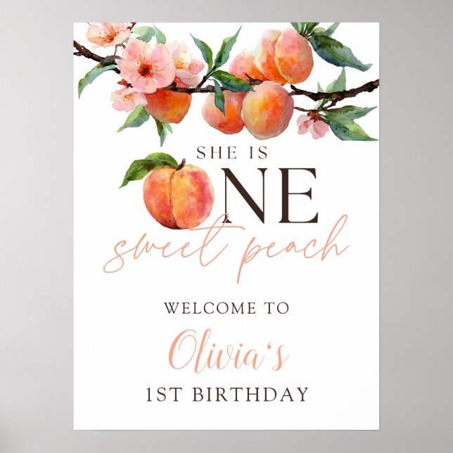 Poster One Sweet Peach 1st Birthday Welcome Sign (Frente)
