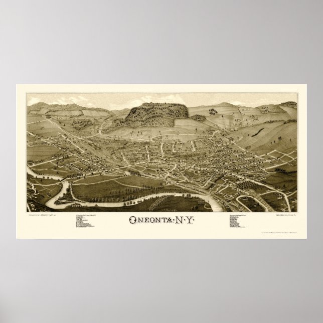 Pôster Oneonta, Novo Mapa Panorâmico - 1884 (Frente)